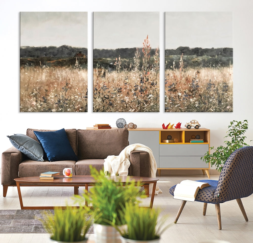 Wildflowers Field Watercolor Landscape Painting Countryside Wall Art Canvas Print