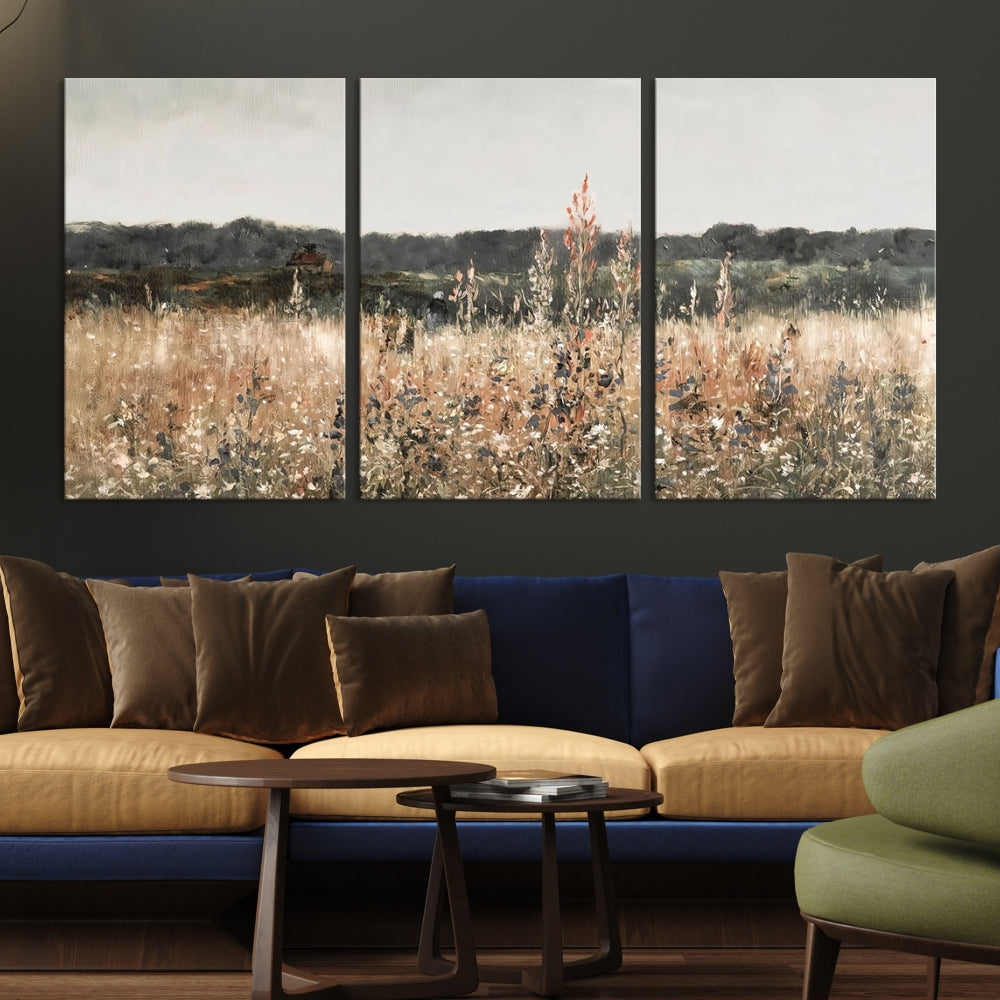 Wildflowers Field Watercolor Landscape Painting Countryside Wall Art Canvas Print