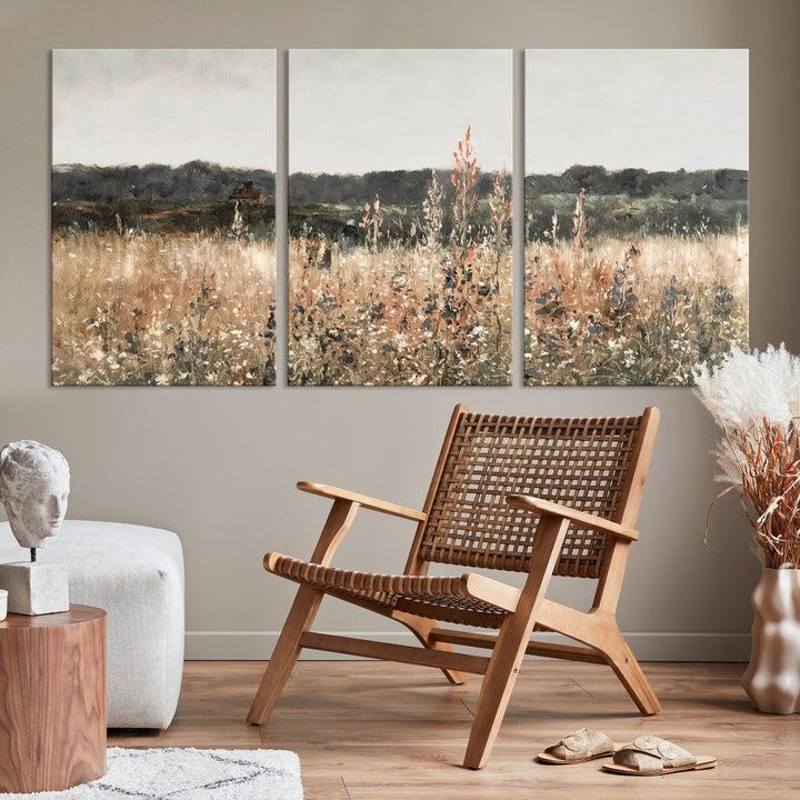 Wildflowers Field Watercolor Landscape Painting Countryside Wall Art Canvas Print