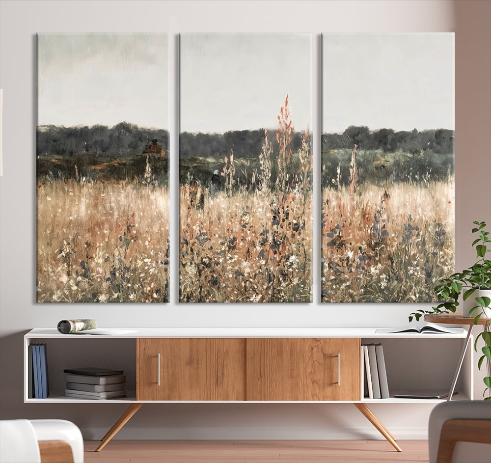 Wildflowers Field Watercolor Landscape Painting Countryside Wall Art Canvas Print