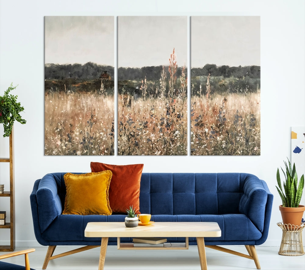 Wildflowers Field Watercolor Landscape Painting Countryside Wall Art Canvas Print