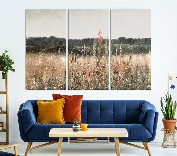 Wildflowers Field Watercolor Landscape Painting Countryside Wall Art Canvas Print