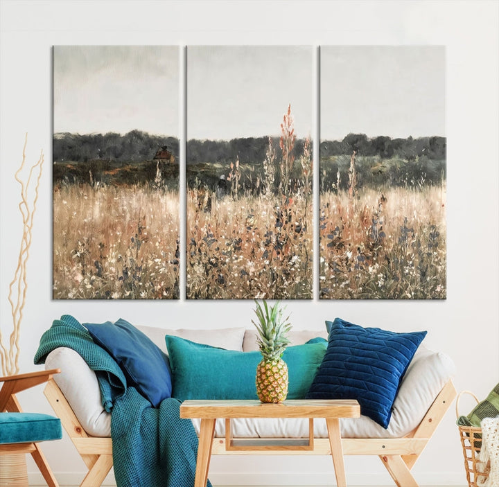 Wildflowers Field Watercolor Landscape Painting Countryside Wall Art Canvas Print