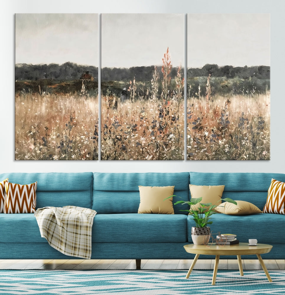 Wildflowers Field Watercolor Landscape Painting Countryside Wall Art Canvas Print