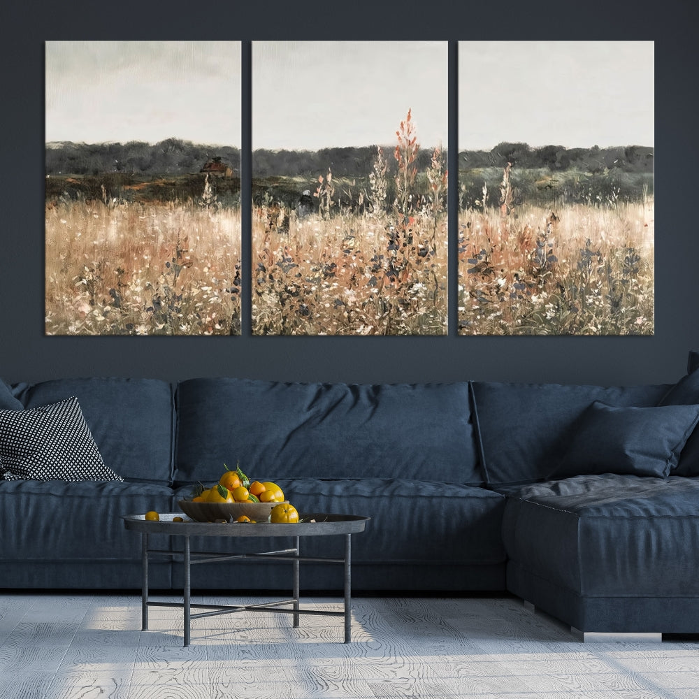 Wildflowers Field Watercolor Landscape Painting Countryside Wall Art Canvas Print