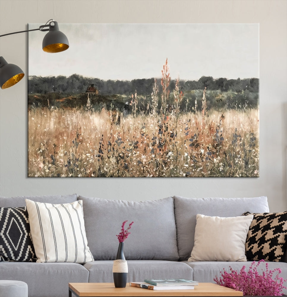 Wildflowers Field Watercolor Landscape Painting Countryside Wall Art Canvas Print