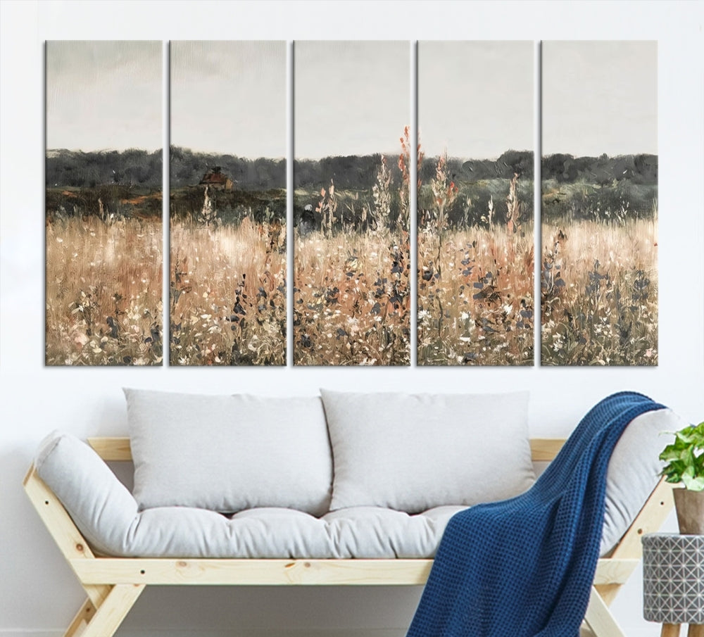 Wildflowers Field Watercolor Landscape Painting Countryside Wall Art Canvas Print