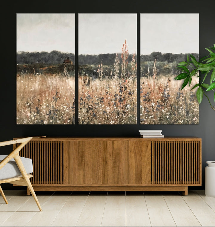 Wildflowers Field Watercolor Landscape Painting Countryside Wall Art Canvas Print