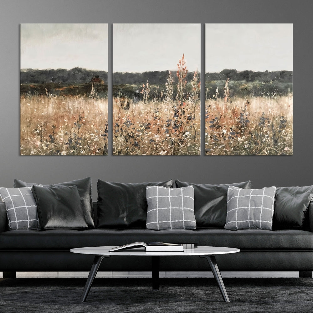 Wildflowers Field Watercolor Landscape Painting Countryside Wall Art Canvas Print