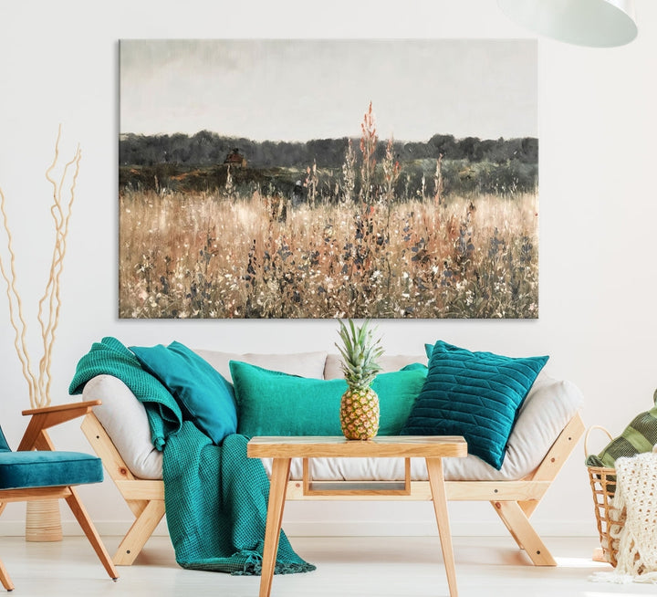 Wildflowers Field Watercolor Landscape Painting Countryside Wall Art Canvas Print