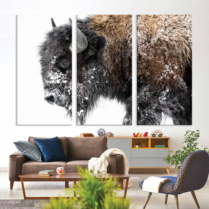 Winter Buffalo Wall Art | 3 Panel Rustic Wildlife Canvas Print, Majestic American Bison Decor for Living Room, Farmhouse, Snowy Buffalo Wall Art Print