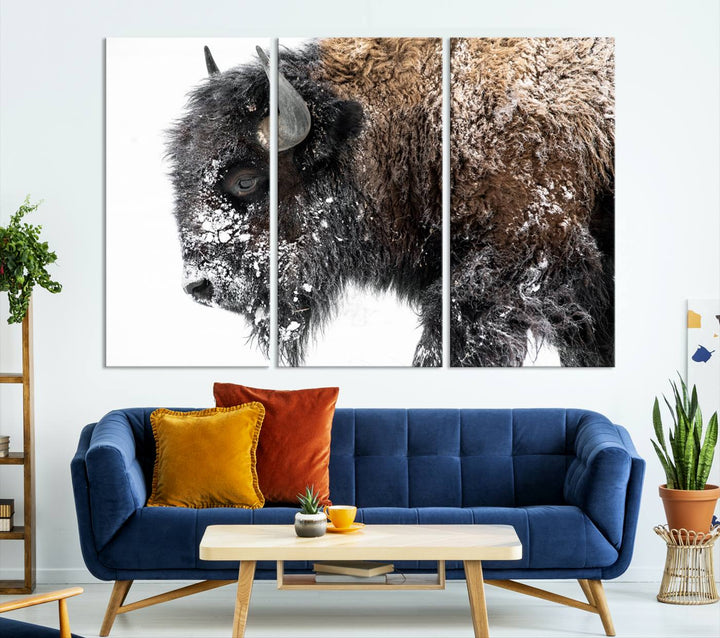 Winter Buffalo Wall Art | 3 Panel Rustic Wildlife Canvas Print, Majestic American Bison Decor for Living Room, Farmhouse, Snowy Buffalo Wall Art Print