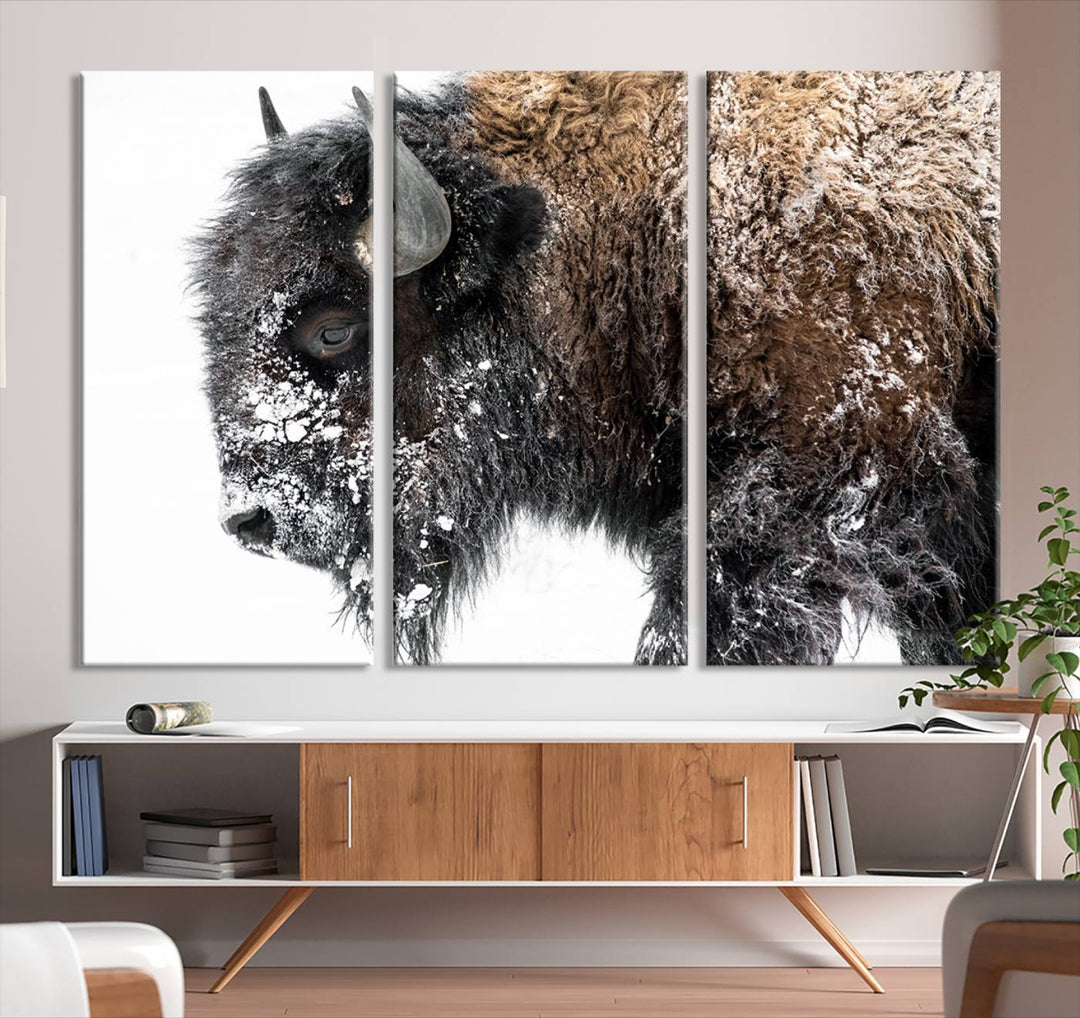 Winter Buffalo Wall Art | 3 Panel Rustic Wildlife Canvas Print, Majestic American Bison Decor for Living Room, Farmhouse, Snowy Buffalo Wall Art Print