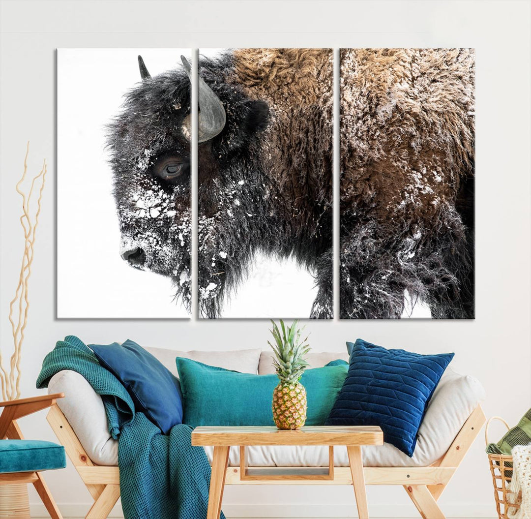 Winter Buffalo Wall Art | 3 Panel Rustic Wildlife Canvas Print, Majestic American Bison Decor for Living Room, Farmhouse, Snowy Buffalo Wall Art Print