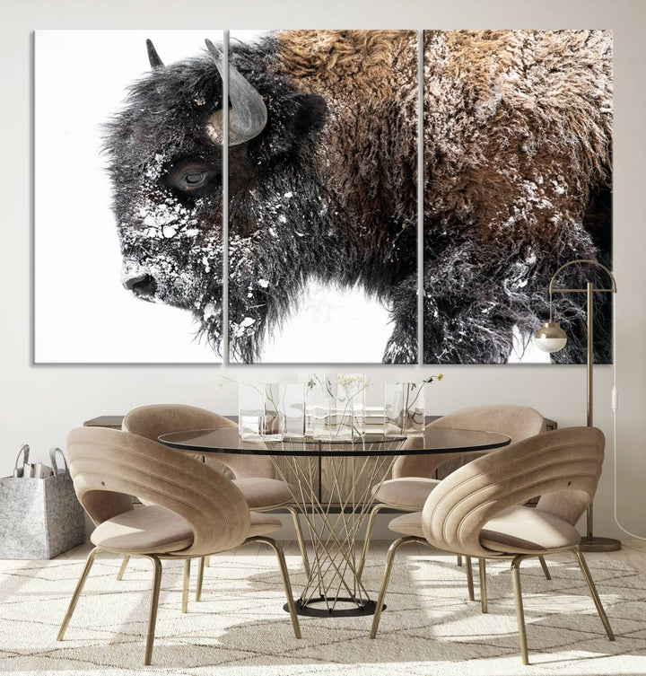 Winter Buffalo Wall Art | 3 Panel Rustic Wildlife Canvas Print, Majestic American Bison Decor for Living Room, Farmhouse, Snowy Buffalo Wall Art Print