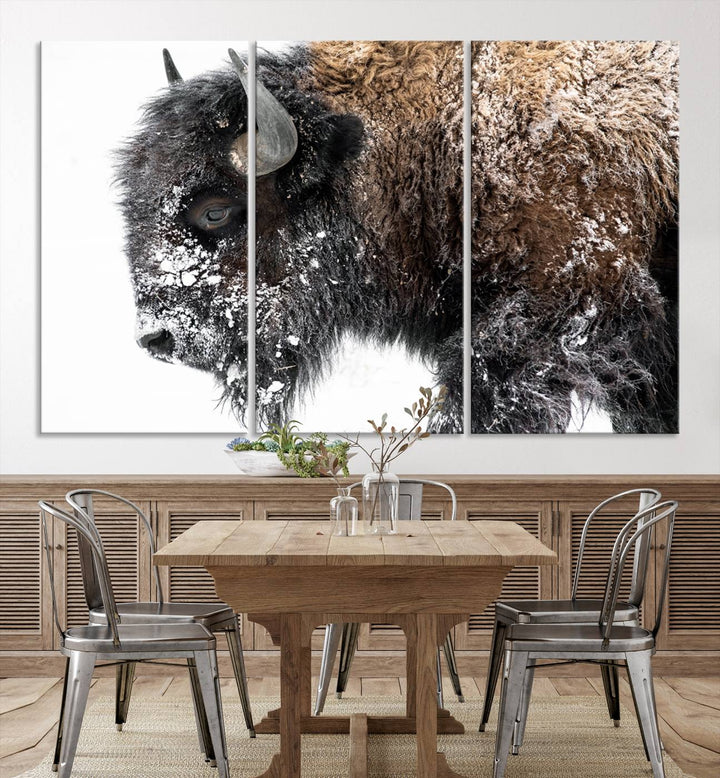 Winter Buffalo Wall Art | 3 Panel Rustic Wildlife Canvas Print, Majestic American Bison Decor for Living Room, Farmhouse, Snowy Buffalo Wall Art Print