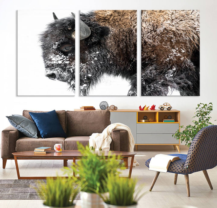 Winter Buffalo Wall Art | 3 Panel Rustic Wildlife Canvas Print, Majestic American Bison Decor for Living Room, Farmhouse, Snowy Buffalo Wall Art Print