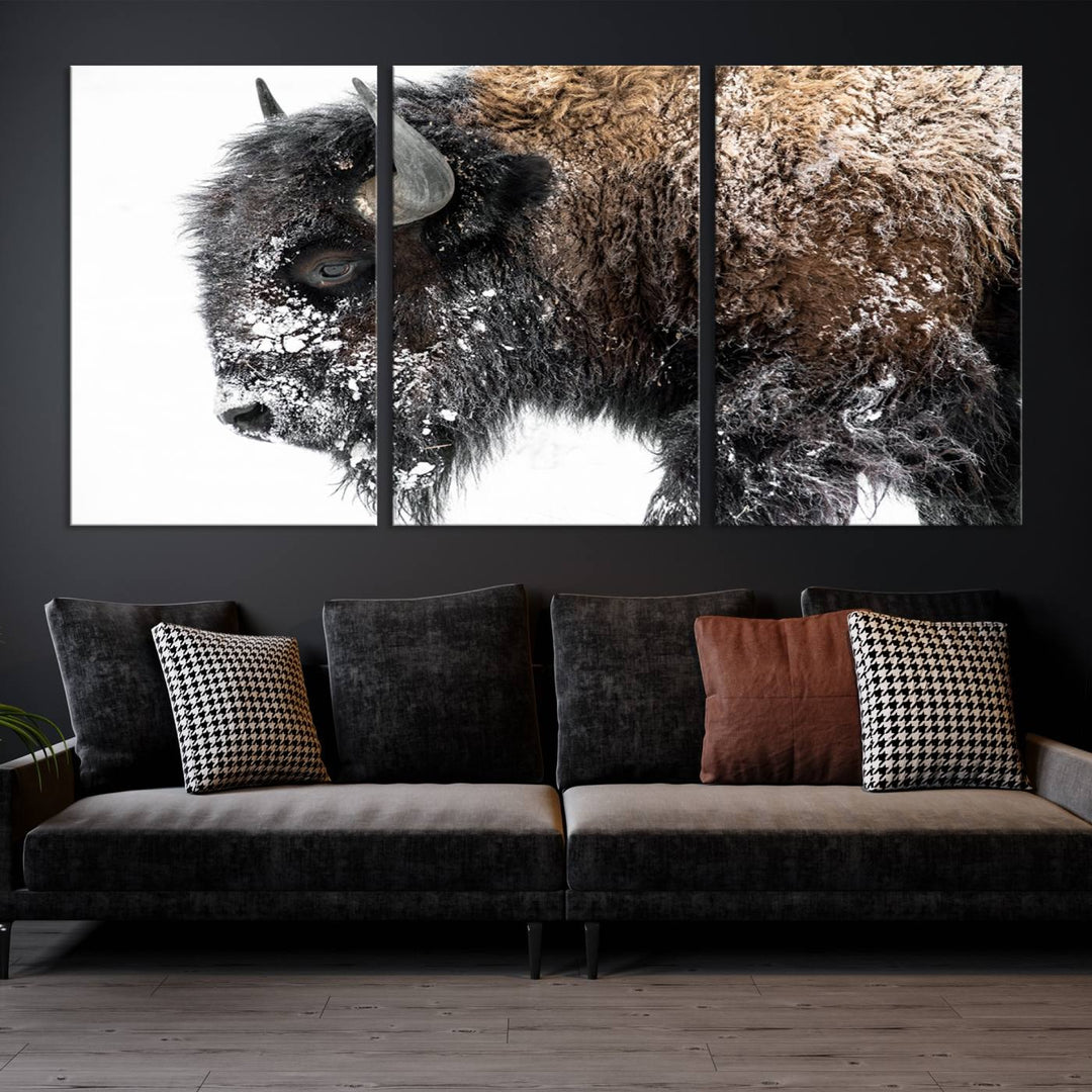 Winter Buffalo Wall Art | 3 Panel Rustic Wildlife Canvas Print, Majestic American Bison Decor for Living Room, Farmhouse, Snowy Buffalo Wall Art Print