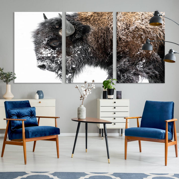 Winter Buffalo Wall Art | 3 Panel Rustic Wildlife Canvas Print, Majestic American Bison Decor for Living Room, Farmhouse, Snowy Buffalo Wall Art Print