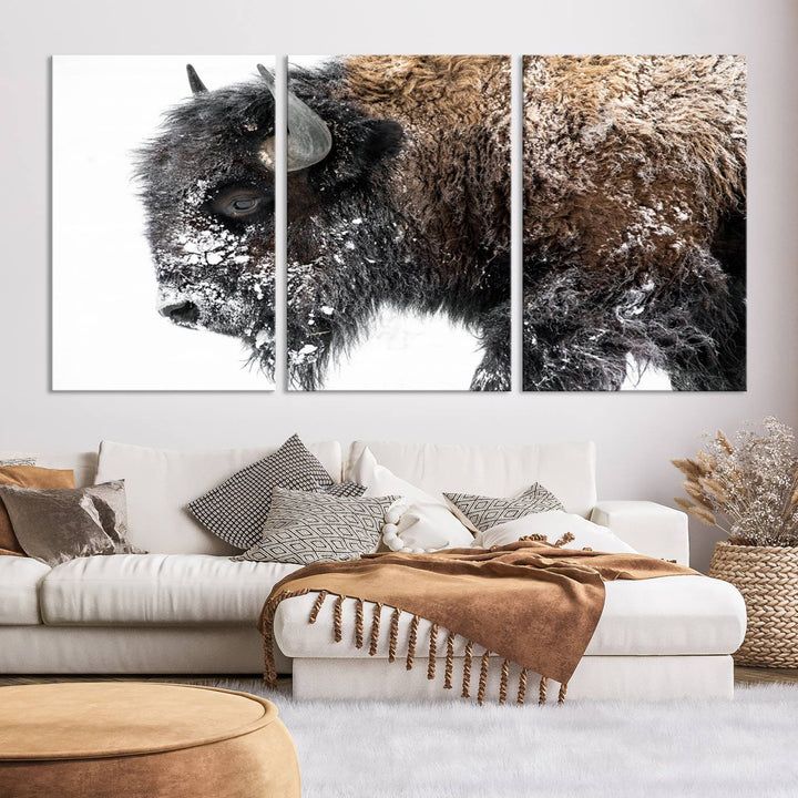 Winter Buffalo Wall Art | 3 Panel Rustic Wildlife Canvas Print, Majestic American Bison Decor for Living Room, Farmhouse, Snowy Buffalo Wall Art Print