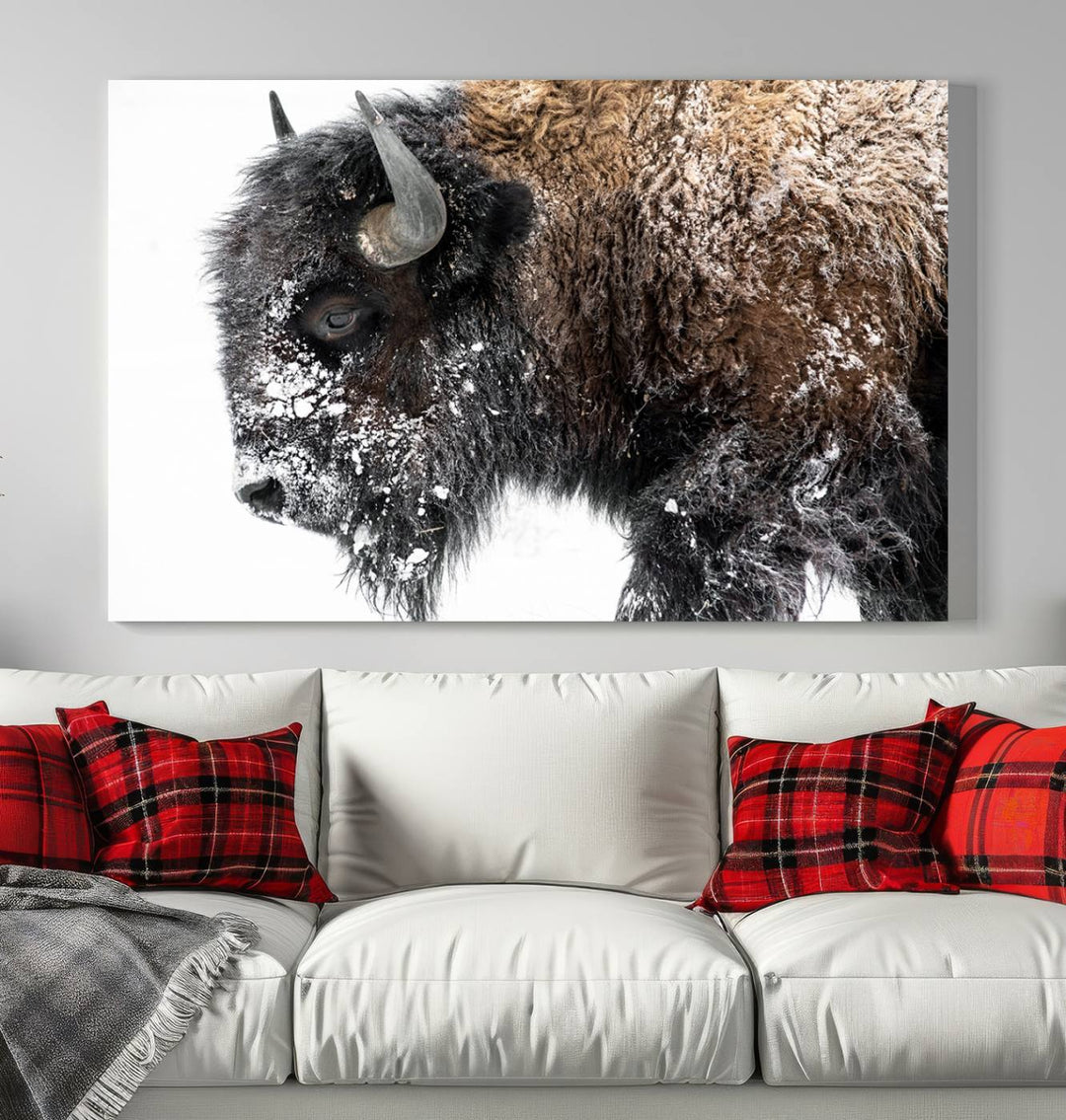 Winter Buffalo Wall Art | 3 Panel Rustic Wildlife Canvas Print, Majestic American Bison Decor for Living Room, Farmhouse, Snowy Buffalo Wall Art Print