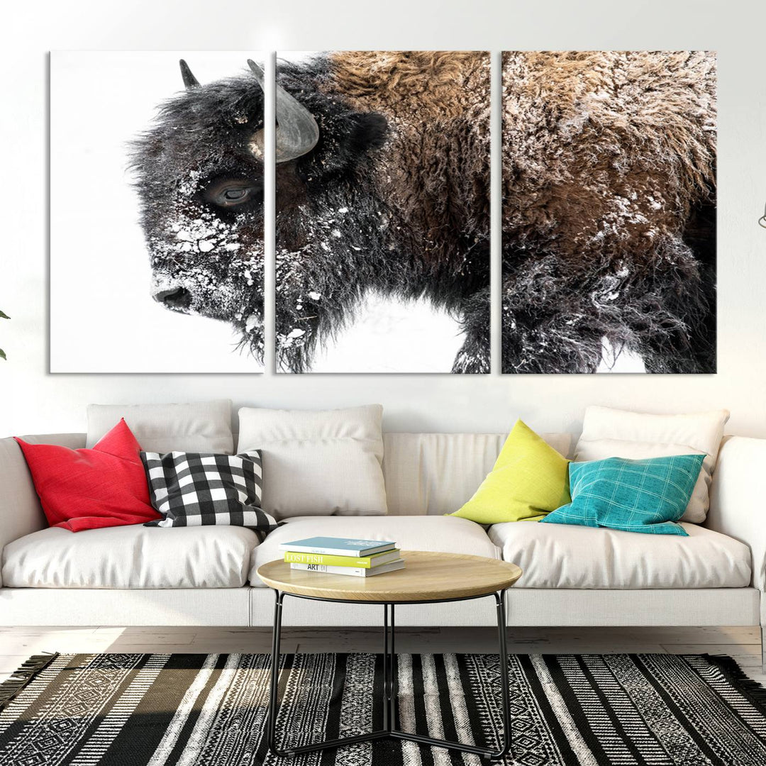 Winter Buffalo Wall Art | 3 Panel Rustic Wildlife Canvas Print, Majestic American Bison Decor for Living Room, Farmhouse, Snowy Buffalo Wall Art Print