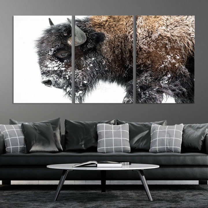 Winter Buffalo Wall Art | 3 Panel Rustic Wildlife Canvas Print, Majestic American Bison Decor for Living Room, Farmhouse, Snowy Buffalo Wall Art Print