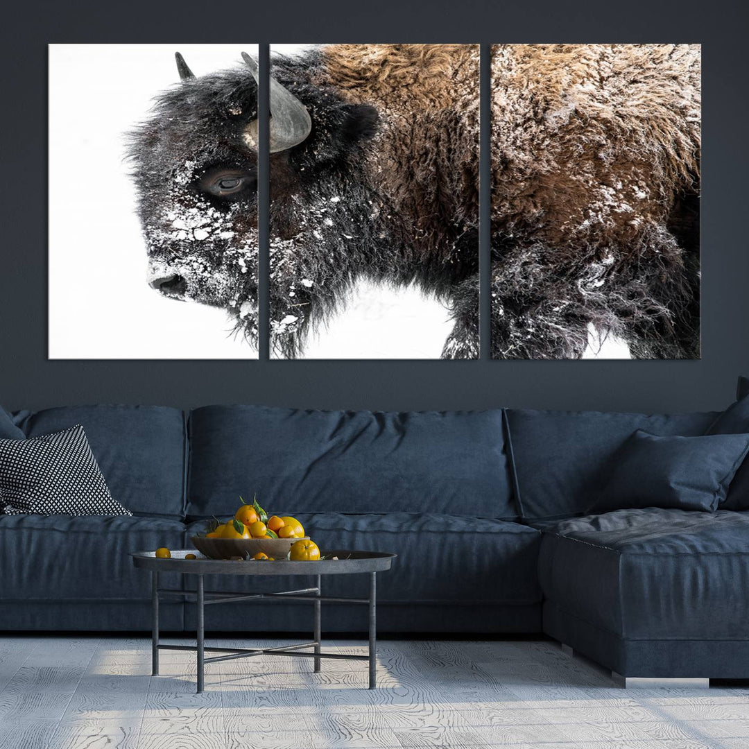 Winter Buffalo Wall Art | 3 Panel Rustic Wildlife Canvas Print, Majestic American Bison Decor for Living Room, Farmhouse, Snowy Buffalo Wall Art Print