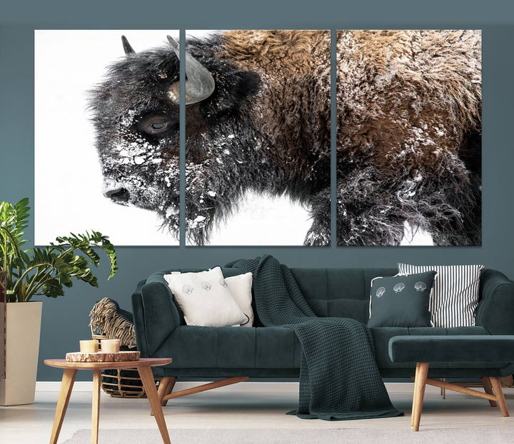 Winter Buffalo Wall Art | 3 Panel Rustic Wildlife Canvas Print, Majestic American Bison Decor for Living Room, Farmhouse, Snowy Buffalo Wall Art Print