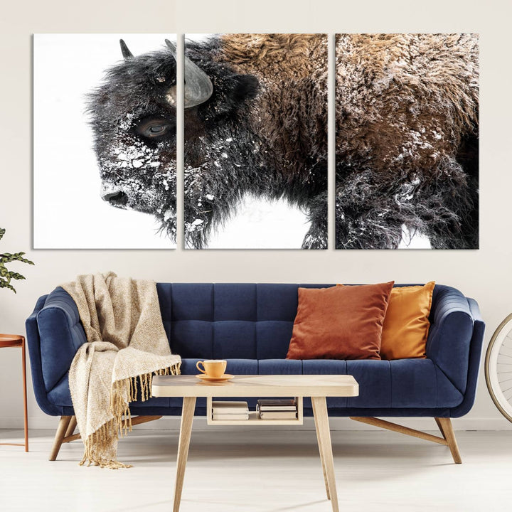 Winter Buffalo Wall Art | 3 Panel Rustic Wildlife Canvas Print, Majestic American Bison Decor for Living Room, Farmhouse, Snowy Buffalo Wall Art Print