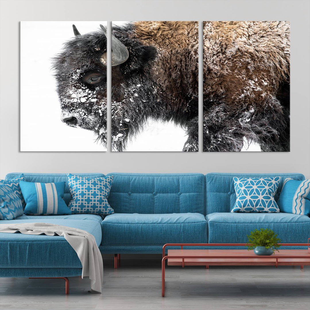 Winter Buffalo Wall Art | 3 Panel Rustic Wildlife Canvas Print, Majestic American Bison Decor for Living Room, Farmhouse, Snowy Buffalo Wall Art Print