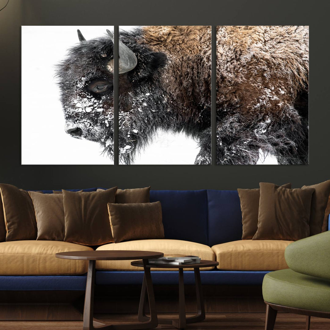 Winter Buffalo Wall Art | 3 Panel Rustic Wildlife Canvas Print, Majestic American Bison Decor for Living Room, Farmhouse, Snowy Buffalo Wall Art Print