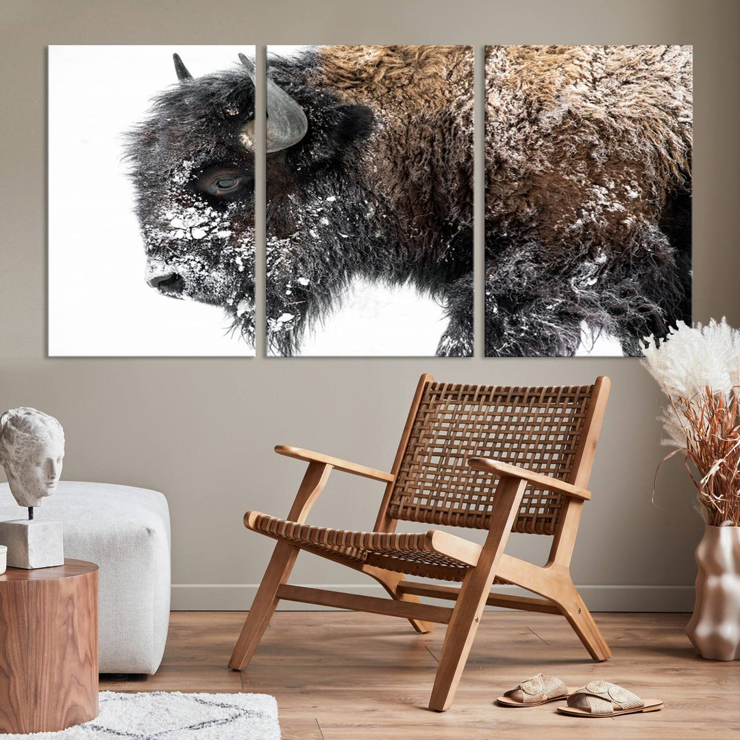 Winter Buffalo Wall Art | 3 Panel Rustic Wildlife Canvas Print, Majestic American Bison Decor for Living Room, Farmhouse, Snowy Buffalo Wall Art Print