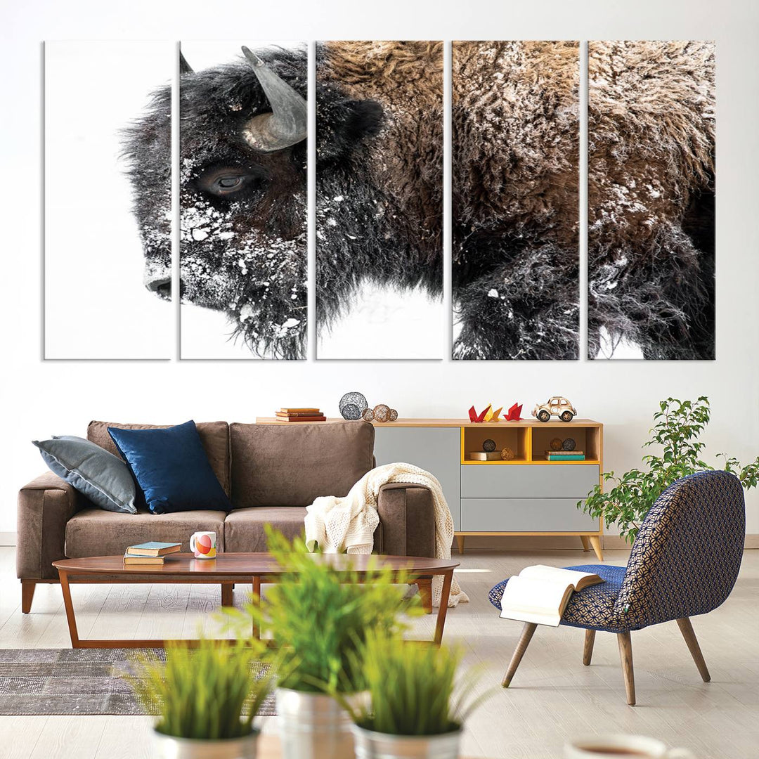 Winter Buffalo Wall Art | 3 Panel Rustic Wildlife Canvas Print, Majestic American Bison Decor for Living Room, Farmhouse, Snowy Buffalo Wall Art Print