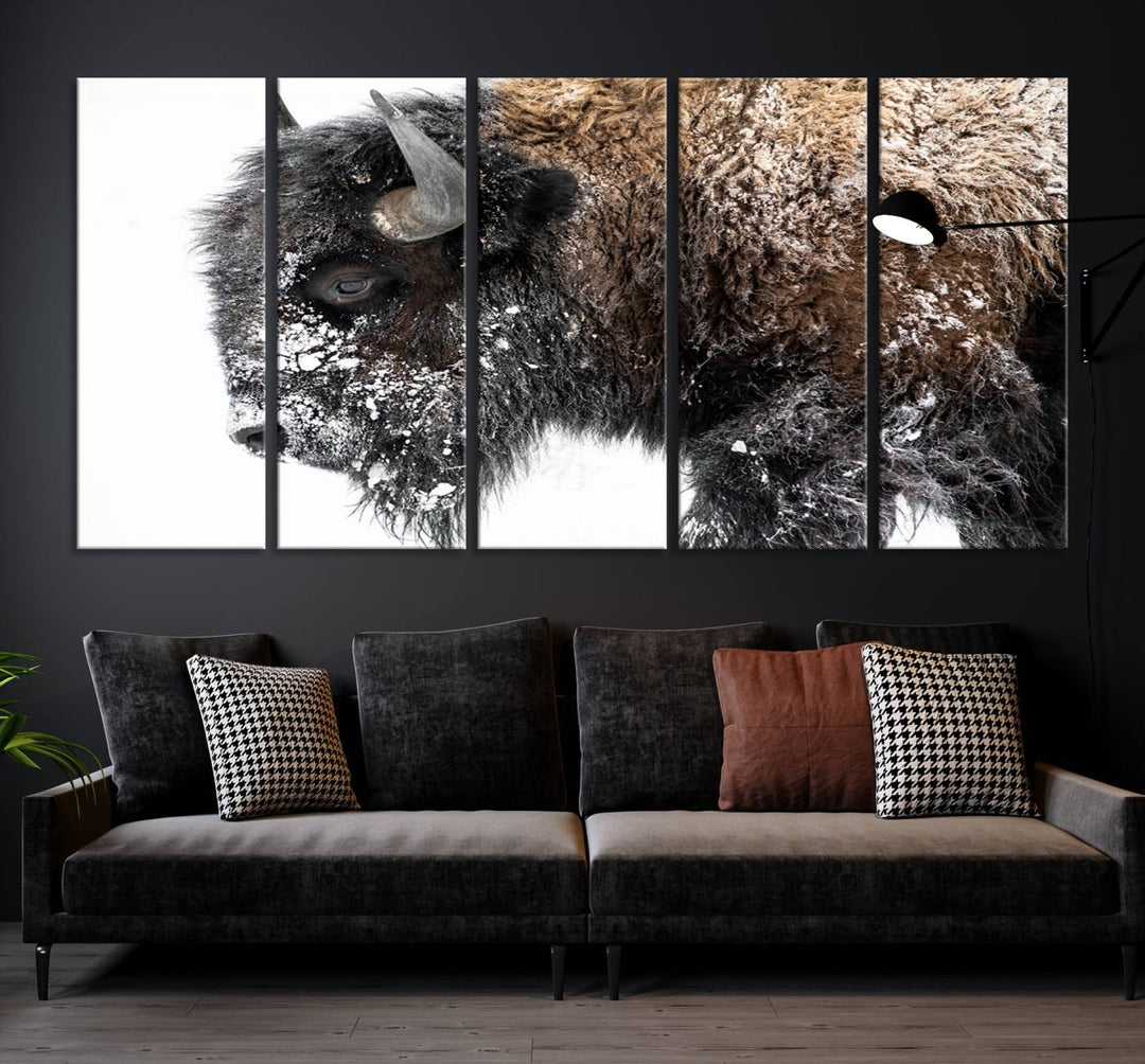 Winter Buffalo Wall Art | 3 Panel Rustic Wildlife Canvas Print, Majestic American Bison Decor for Living Room, Farmhouse, Snowy Buffalo Wall Art Print