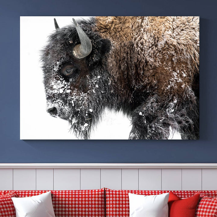 Winter Buffalo Wall Art | 3 Panel Rustic Wildlife Canvas Print, Majestic American Bison Decor for Living Room, Farmhouse, Snowy Buffalo Wall Art Print