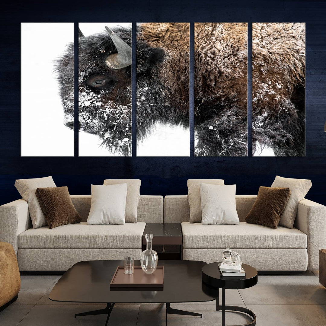 Winter Buffalo Wall Art | 3 Panel Rustic Wildlife Canvas Print, Majestic American Bison Decor for Living Room, Farmhouse, Snowy Buffalo Wall Art Print