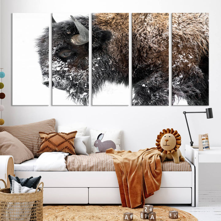 Winter Buffalo Wall Art | 3 Panel Rustic Wildlife Canvas Print, Majestic American Bison Decor for Living Room, Farmhouse, Snowy Buffalo Wall Art Print