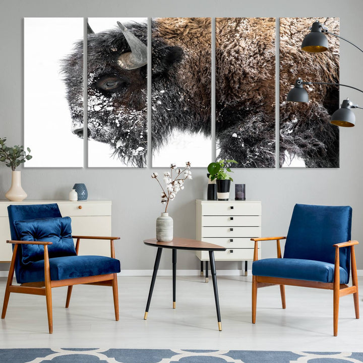 Winter Buffalo Wall Art | 3 Panel Rustic Wildlife Canvas Print, Majestic American Bison Decor for Living Room, Farmhouse, Snowy Buffalo Wall Art Print