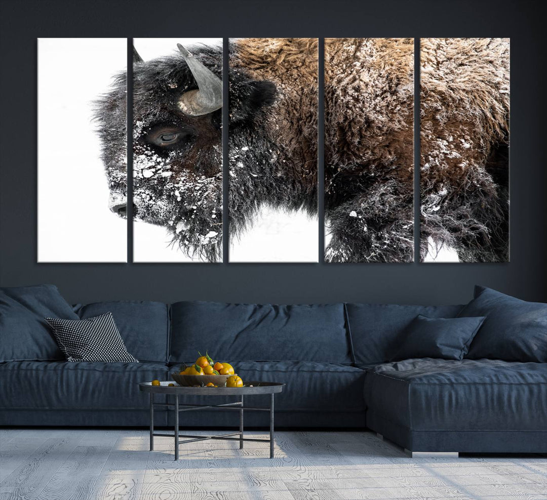 Winter Buffalo Wall Art | 3 Panel Rustic Wildlife Canvas Print, Majestic American Bison Decor for Living Room, Farmhouse, Snowy Buffalo Wall Art Print