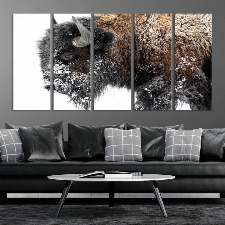 Winter Buffalo Wall Art | 3 Panel Rustic Wildlife Canvas Print, Majestic American Bison Decor for Living Room, Farmhouse, Snowy Buffalo Wall Art Print