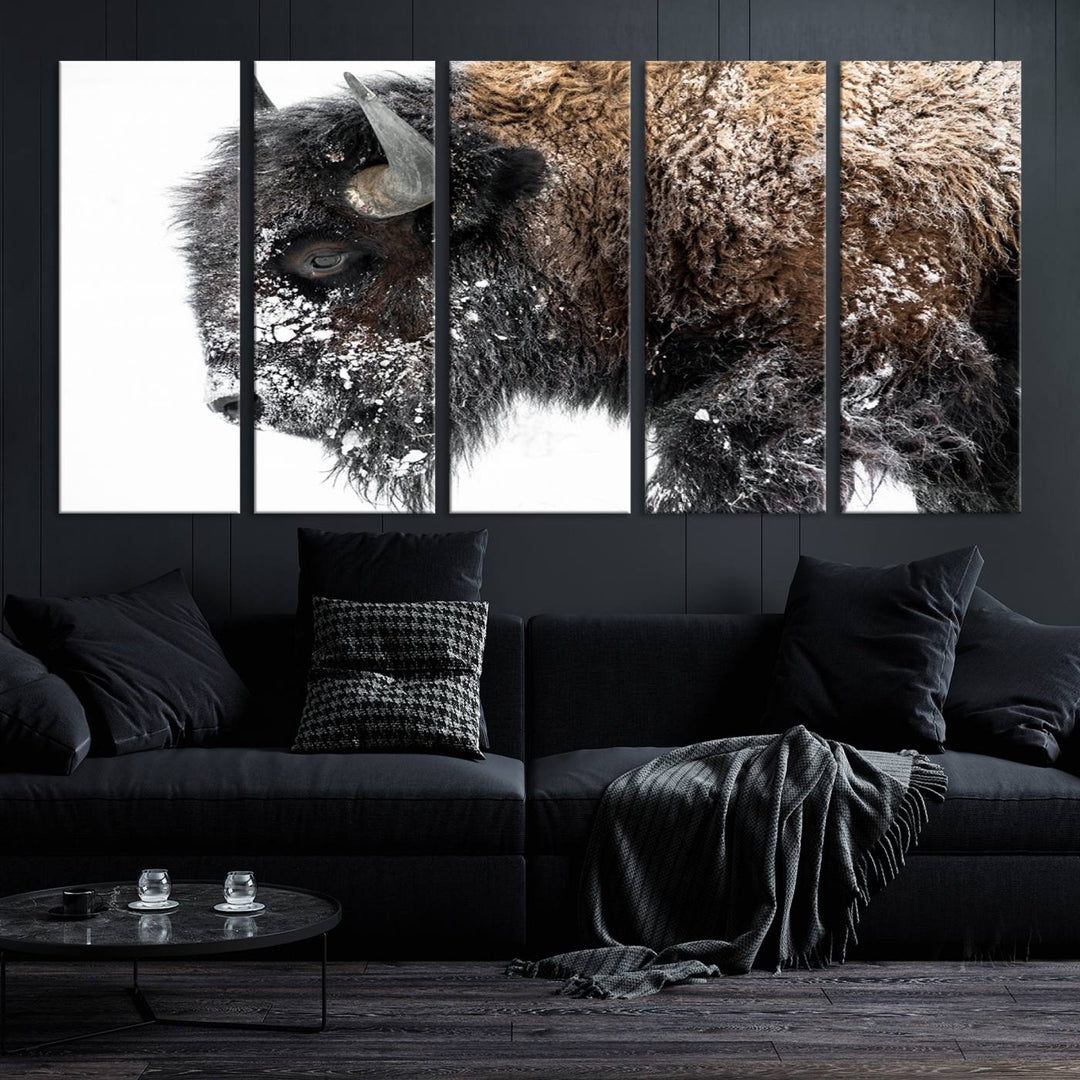 Winter Buffalo Wall Art | 3 Panel Rustic Wildlife Canvas Print, Majestic American Bison Decor for Living Room, Farmhouse, Snowy Buffalo Wall Art Print