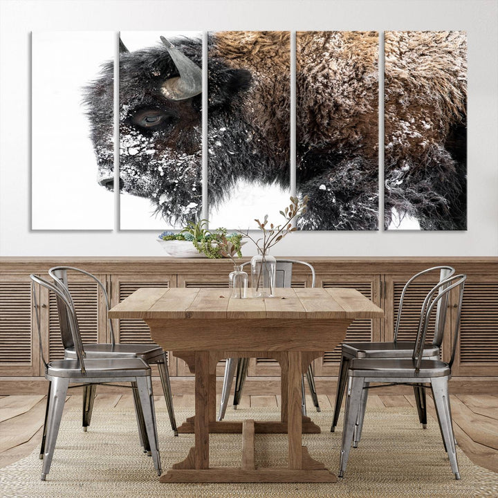 Winter Buffalo Wall Art | 3 Panel Rustic Wildlife Canvas Print, Majestic American Bison Decor for Living Room, Farmhouse, Snowy Buffalo Wall Art Print