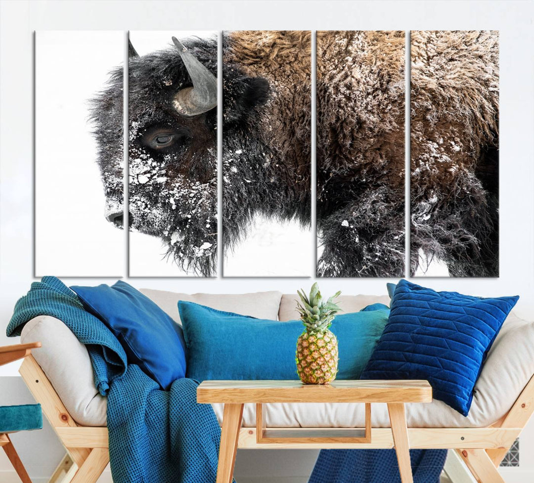 Winter Buffalo Wall Art | 3 Panel Rustic Wildlife Canvas Print, Majestic American Bison Decor for Living Room, Farmhouse, Snowy Buffalo Wall Art Print