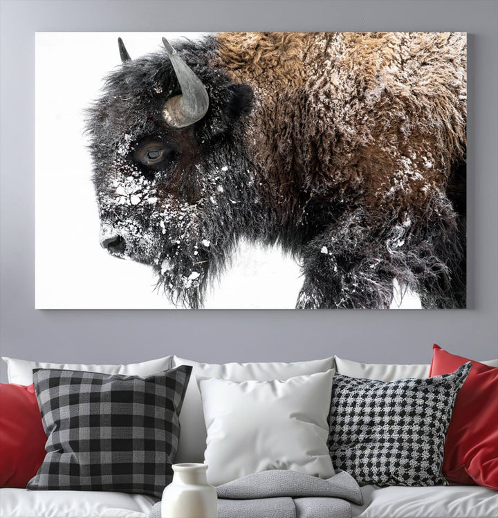 Winter Buffalo Wall Art | 3 Panel Rustic Wildlife Canvas Print, Majestic American Bison Decor for Living Room, Farmhouse, Snowy Buffalo Wall Art Print