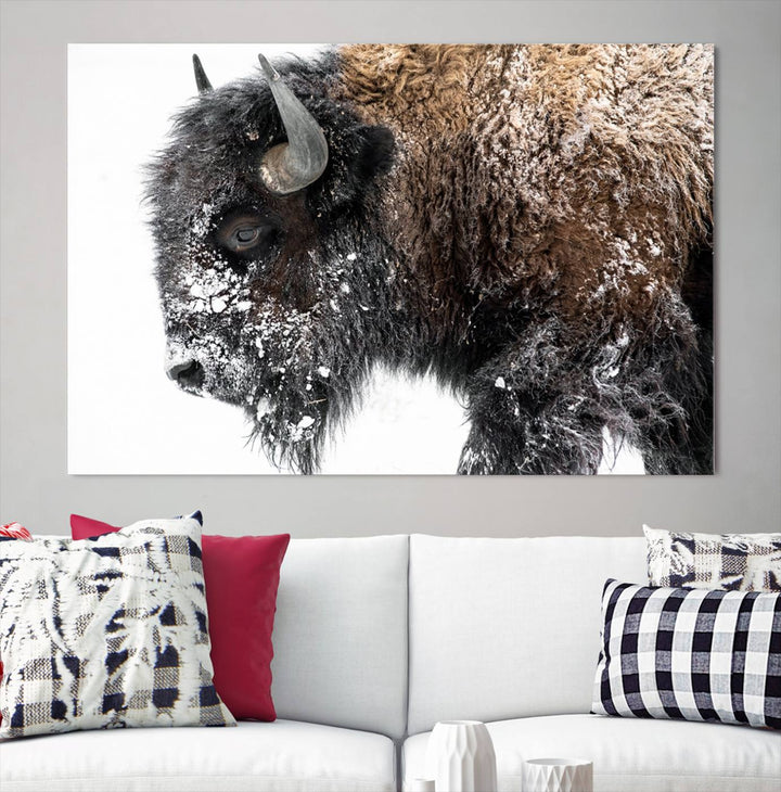 Winter Buffalo Wall Art | 3 Panel Rustic Wildlife Canvas Print, Majestic American Bison Decor for Living Room, Farmhouse, Snowy Buffalo Wall Art Print