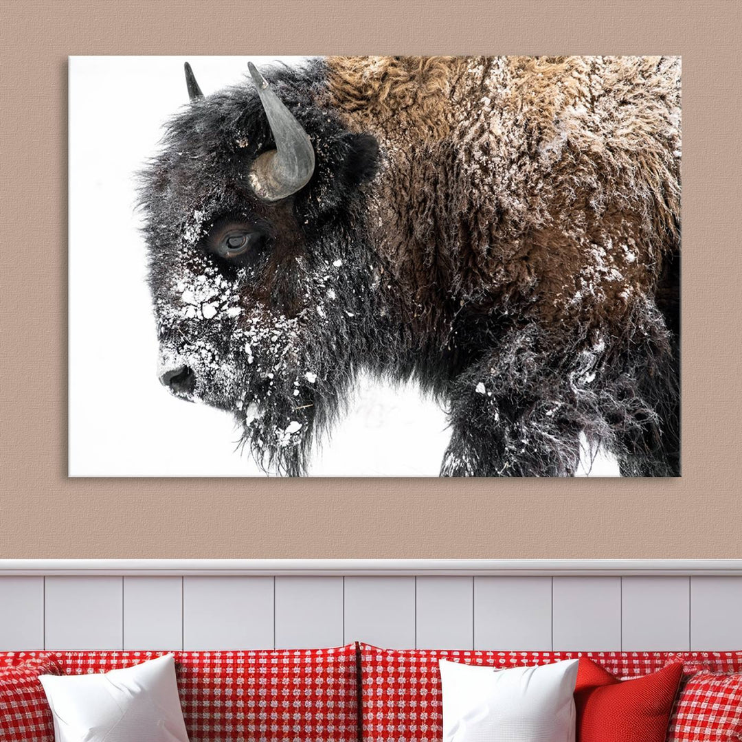 Winter Buffalo Wall Art | 3 Panel Rustic Wildlife Canvas Print, Majestic American Bison Decor for Living Room, Farmhouse, Snowy Buffalo Wall Art Print