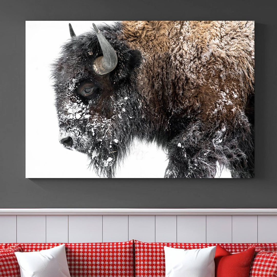 Winter Buffalo Wall Art | 3 Panel Rustic Wildlife Canvas Print, Majestic American Bison Decor for Living Room, Farmhouse, Snowy Buffalo Wall Art Print