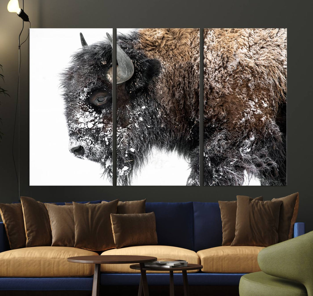 Winter Buffalo Wall Art | 3 Panel Rustic Wildlife Canvas Print, Majestic American Bison Decor for Living Room, Farmhouse, Snowy Buffalo Wall Art Print