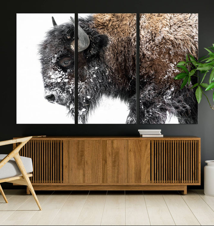 Winter Buffalo Wall Art | 3 Panel Rustic Wildlife Canvas Print, Majestic American Bison Decor for Living Room, Farmhouse, Snowy Buffalo Wall Art Print